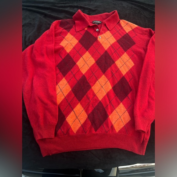 L’uomo Red/Orange/Burgundy Argyle Pullover Collared Sweater Size XL - Picture 1 of 4